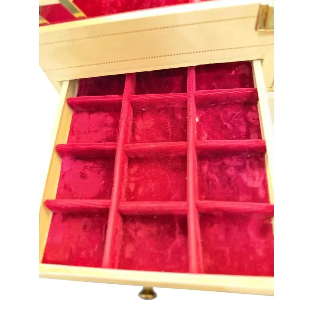 Vintage Ivory Jewelry Chest Red Velvet Mirror Locking 3 Drawer Jewelry Box Case